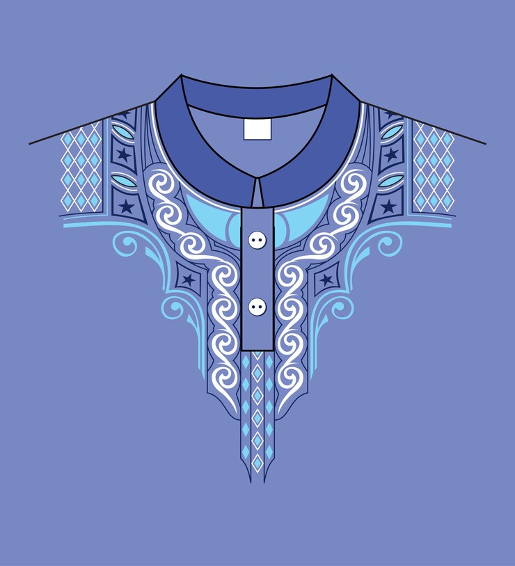 Vector diseño del cuello estilo de bordado en fondo plano de color azul eléctrico 01.