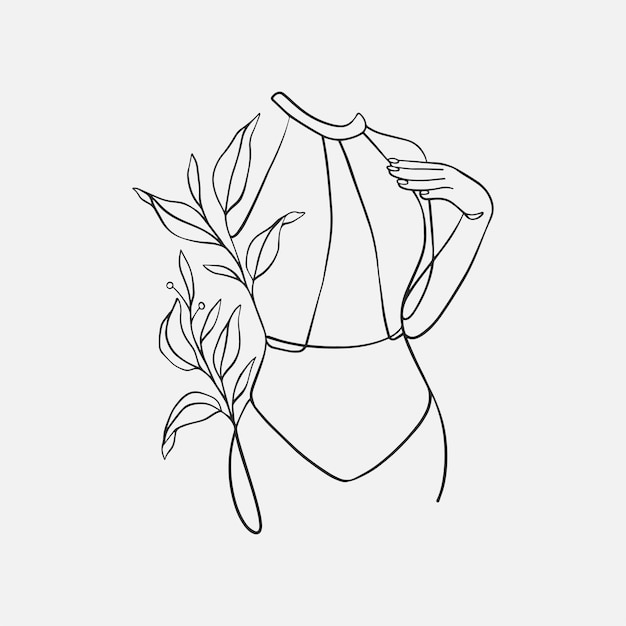 Diseño de cuerpo femenino en bikini y hojas para el estilo de arte de línea femenina de verano