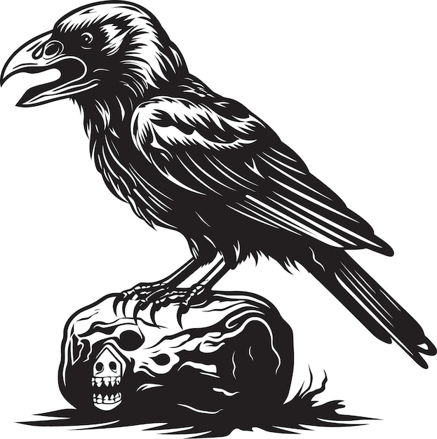 Diseño de cuervo místico símbolo vectorial de la calavera icono de cuervo misterioso cráneo empotrado gráfico