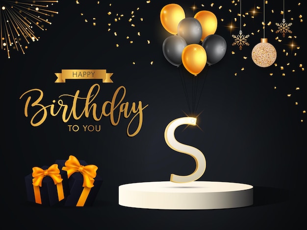 diseño de cumpleaños con alfabeto S y globos en color dorado
