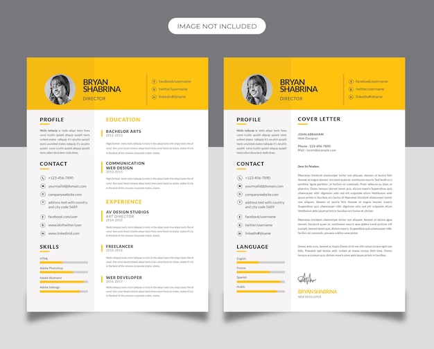 Diseño de currículum empresarial con acento amarillo