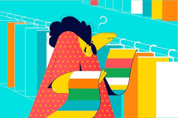 Diseño, decoración, elección, compras, concepto de trabajo. Personaje de decorador de diseñador de mujer pensativa pensativa joven elige telas para cortinas o almohadas en tienda textil. Selección de material o moqueta