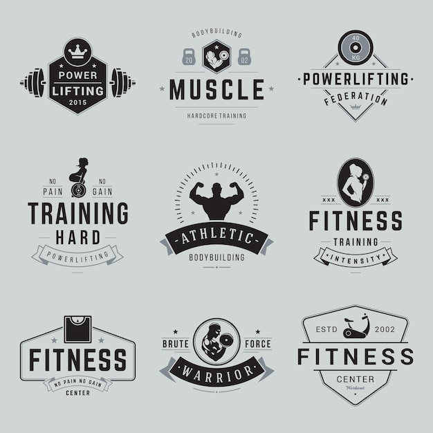 Diseño decorativo de logotipo de fitness vintage de colección con lugar para ilustración de vector de texto