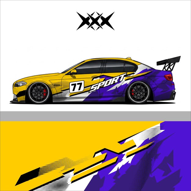 Diseño deportivo de automóviles amarillos y púrpuras para carreras