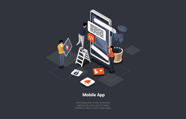 Diseño y desarrollo de aplicaciones móviles Diseño de esbozo de depuración de aplicaciones móviles en teléfonos inteligentes o tabletas Personas que prueban el sitio web de la interfaz de usabilidad para diferentes dispositivos Ilustración vectorial 3d isométrica