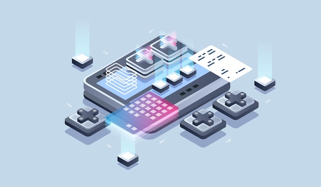 Diseño y desarrollo web. Desarrollo de aplicaciones móviles, programador e ilustración isométrica de ingeniería.
