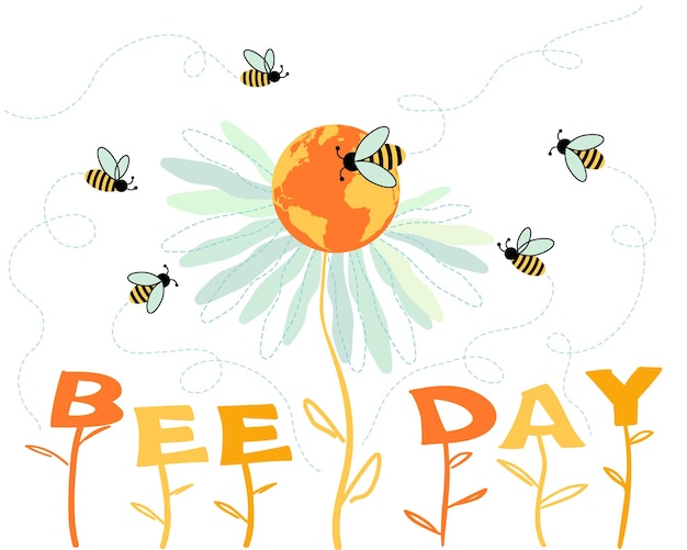 Diseño para el día internacional de la abeja 20 de mayo planeta tierra en forma de flor alrededor de la cual vuelan las abejas
