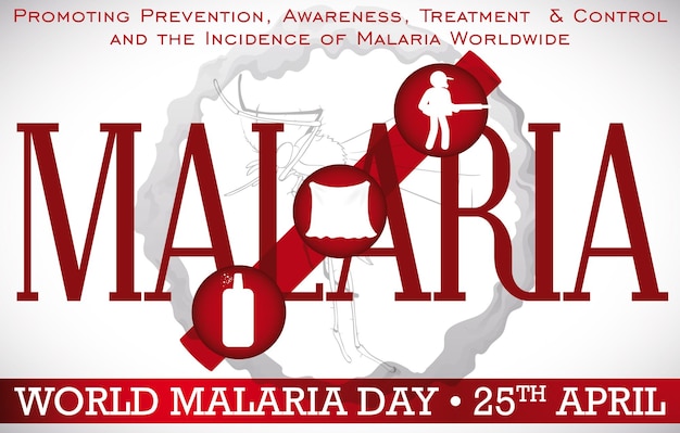 Vector diseño del día de la malaria con algunos métodos de prevención repelente mosquitero insecticida y fumigación