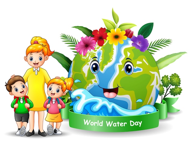 Diseño del día mundial del agua con madre e hijos felices.