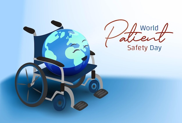 Diseño del Día Mundial de la Seguridad del Paciente La tierra se sienta en una silla de ruedas como ilustración del paciente