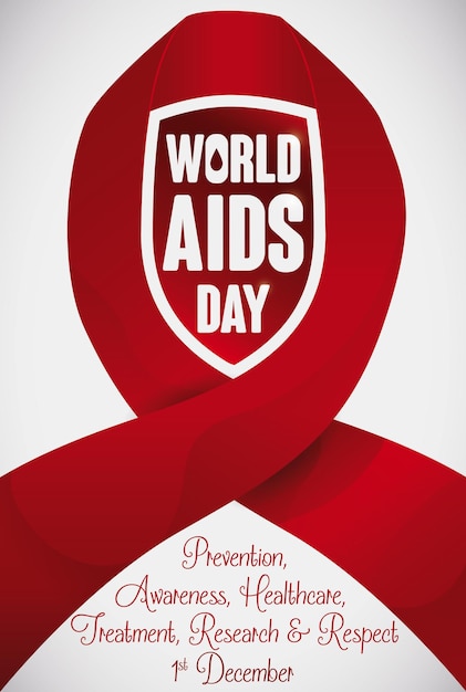 Diseño para el día mundial del sida con una cinta roja formando un escudo que conmemora la prevención y la concientización