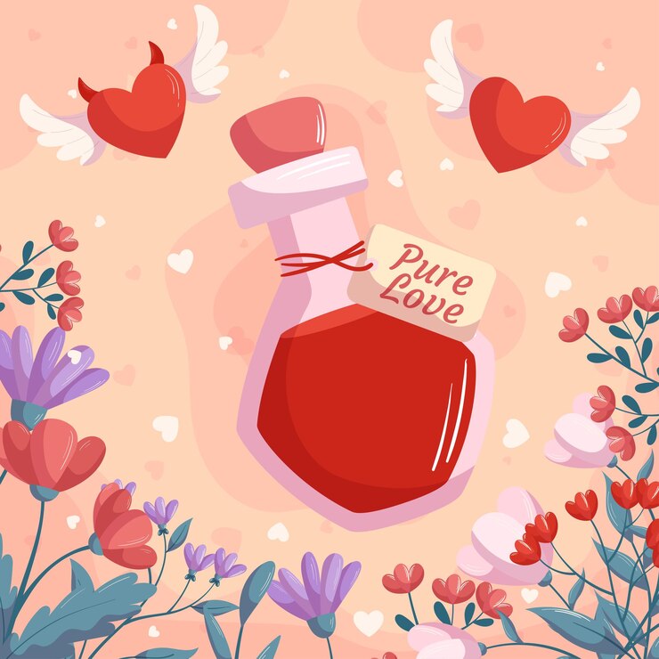 Vector diseño de día de san valentín con botella de poción de amor dos corazones con alas demonio y ángel marco de flores