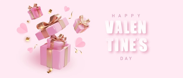 Vector diseño del día de san valentín cajas de regalo abiertas de rosas realistas banner de vacaciones folleto de póster web folleto elegante cubierta de tarjeta de felicitación fondo romántico