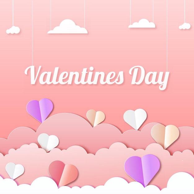 Diseño del Día de San Valentín con nubes cortadas en papel y decoraciones con temas de amor