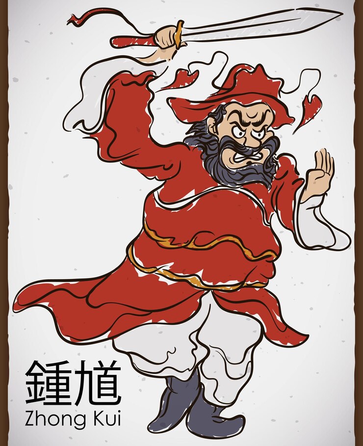 Vector diseño dibujado a mano con el carácter tradicional de zhong kui