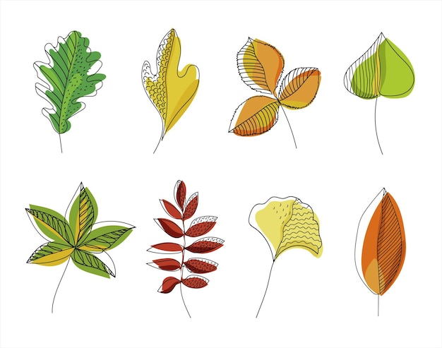 Diseño dibujado a mano con hojas de otoño. Arte minimalista. Hojas de fideos.