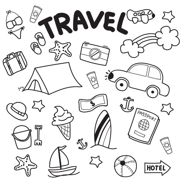 Diseño dibujado a mano del vector de los garabatos del viaje en el fondo blanco.