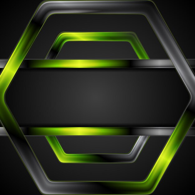 Diseño de dibujo técnico hexagonal brillante negro y verde