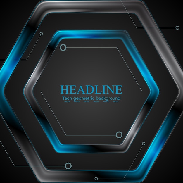 Diseño de dibujo tecnológico hexagonal de metal negro y azul.