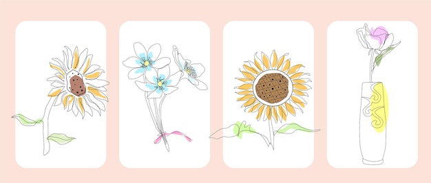 Diseño de dibujo vectorial paquete de flores hermosas ilustración de arte de una línea dibujada a mano