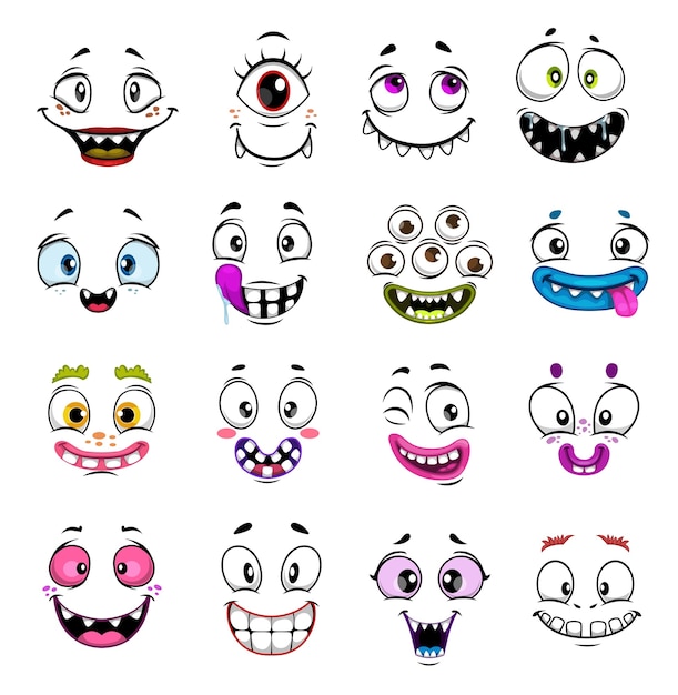 Vector diseño de dibujos animados de caras de monstruos lindos con emoticonos y emojis de halloween. demonio divertido, zombi o vampiro, alienígena feliz, cíclope y troll, gremlin y fantasma con sonrisas y ojos locos, emoticonos cómicos