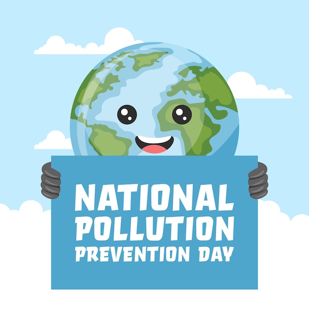 Diseño de dibujos animados del cartel del planeta tierra con texto del día nacional de prevención de la contaminación Cartel para crear conciencia sobre el cuidado del medio ambiente