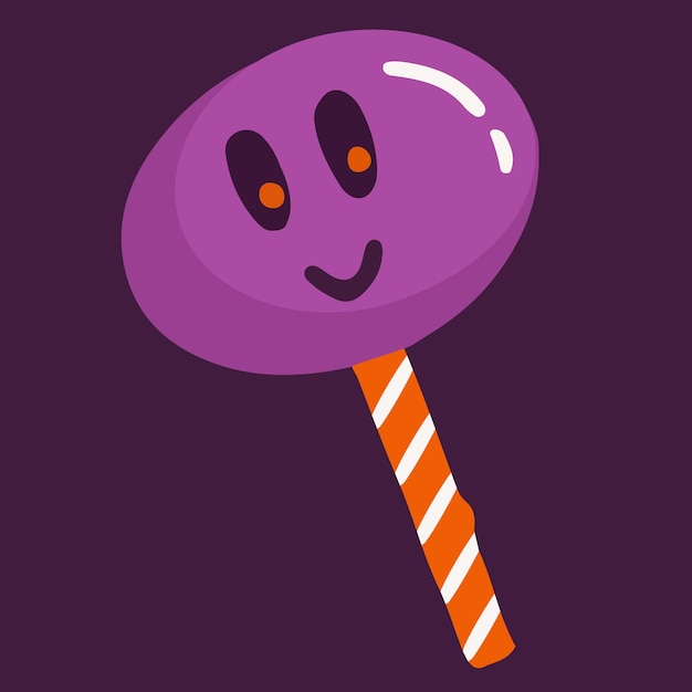 Diseño de dibujos animados dibujados a mano de piruleta púrpura con cara linda en estilo garabato Ilustración aislada de Halloween de dulces