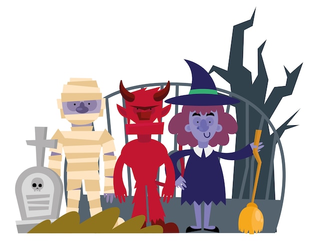 Diseño de dibujos animados de halloween momia diablo y bruja, tema de miedo