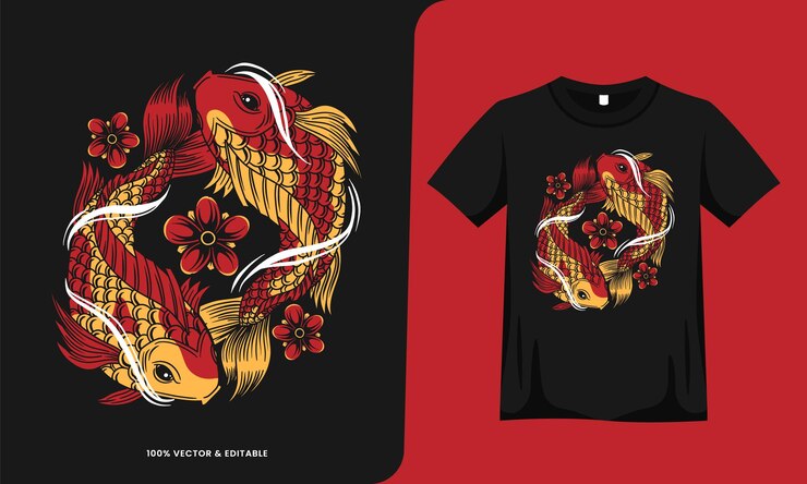 Diseño de dibujos animados de japón de pez koi yin yang con plantilla de camiseta