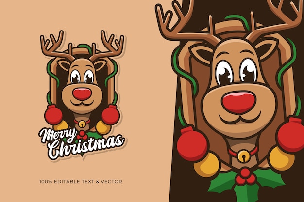 Diseño de dibujos animados lindo ciervo para el día de navidad con texto editable