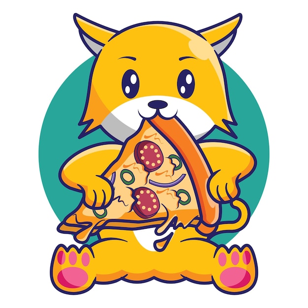 Diseño de dibujos animados lindo gato comiendo pizza pedazo