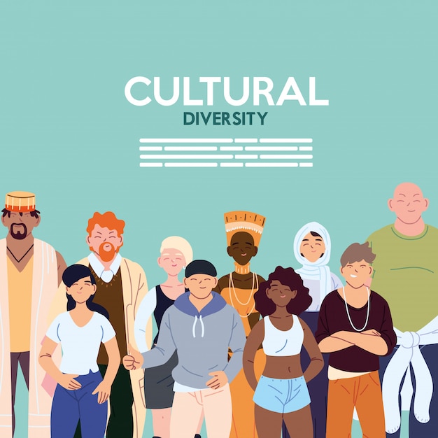 Diseño de dibujos animados de mujeres y hombres, tema de diversidad cultural y de amistad.