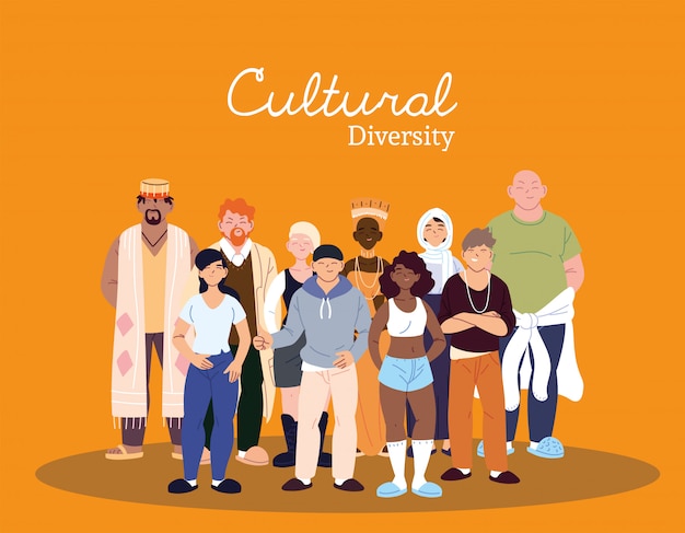 Vector diseño de dibujos animados de mujeres y hombres, tema de diversidad cultural y de amistad.