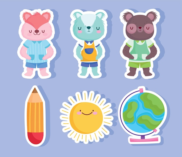 Diseño de dibujos animados y pegatinas de animales de regreso a la escuela, clase de educación y tema de lección vector