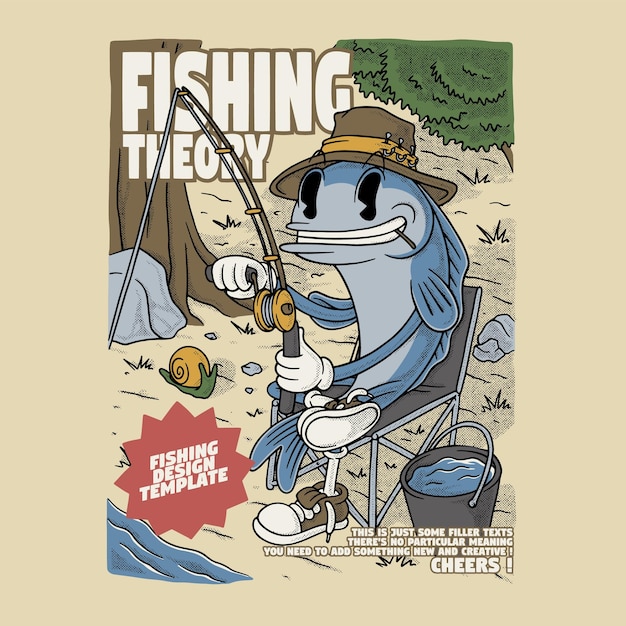diseño de dibujos animados retro de la pesca de peces en la naturaleza