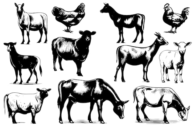 Diseño de dibujos vectoriales de animales de granja, ilustraciones dibujadas a mano, publicidad de fondo y diseño de folletos