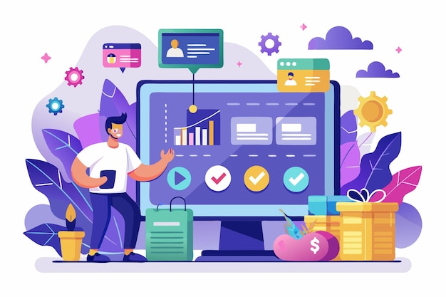 Un diseño digital que muestra una página de aterrizaje de comercio electrónico con interacción del usuario y imágenes coloridas Comercio electrónico Diseño de página de aterraje