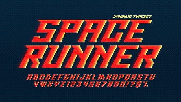 Diseño dinámico de alfabeto de píxeles estilizado como en juegos de 8 bits Alto contraste y nítido estilo retrofuturista Fácil control de color de muestra Efecto de cambio de tamaño