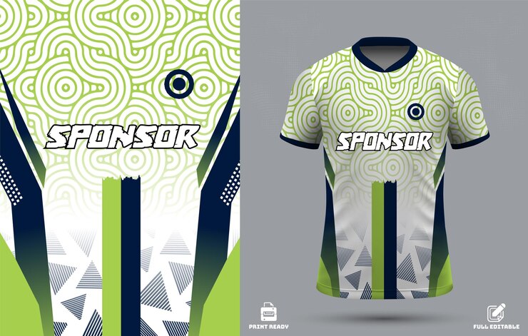 Diseño dinámico de camiseta deportiva verde y blanca con el logotipo del patrocinador