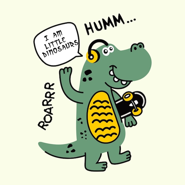 diseño de dinosaurio de skateboarder inteligente ilustración vectorial de dibujos animados para imprimir camiseta