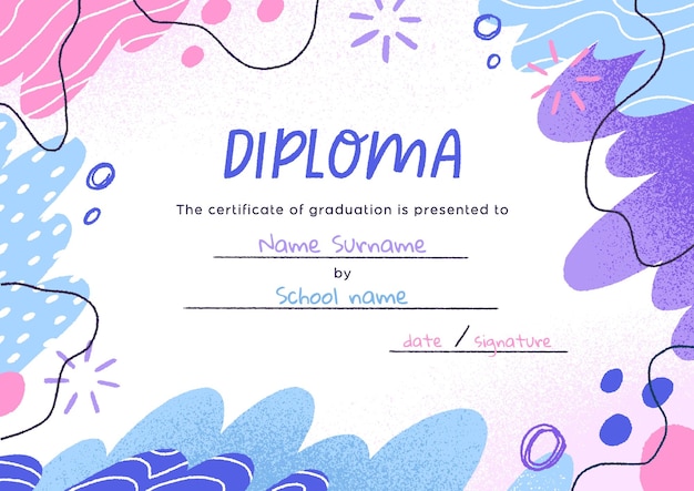 Diseño de diploma de graduación para niños. Plantilla de certificado infantil con elementos abstractos, formas. Documento de graduación de la escuela primaria, documento de logros personales. Ilustración de vector plano coloreado