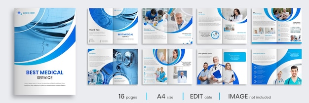 Diseño de diseño de 16 páginas de plantilla de folleto de empresa médica y de atención médica.