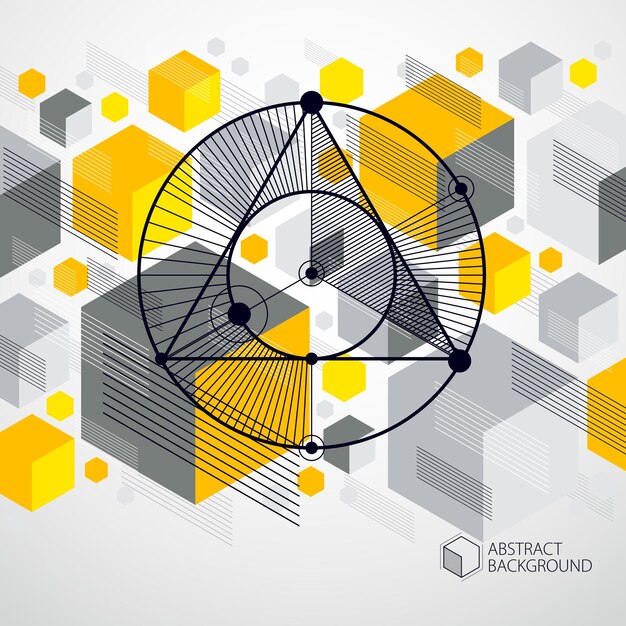 Diseño de diseño amarillo 3D de plantilla para folleto, volante, afiche, publicidad, portada, fondo moderno abstracto vectorial. Composición de cubos, hexágonos, cuadrados, rectángulos y diferentes elementos abstractos