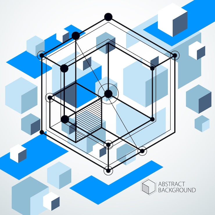 Vector diseño de diseño azul 3d de plantilla para folleto, volante, afiche, publicidad, portada, fondo moderno abstracto vectorial. composición de cubos, hexágonos, cuadrados, rectángulos y diferentes elementos abstractos