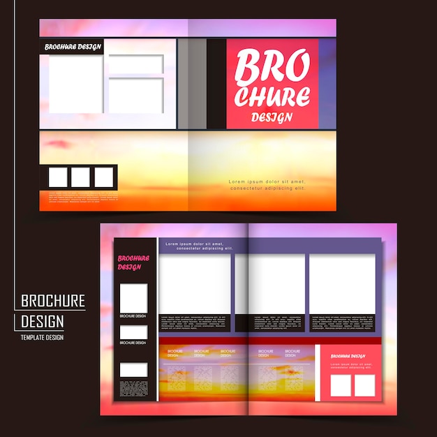 Diseño de diseño de folleto vectorial con fondo de atardecer borroso