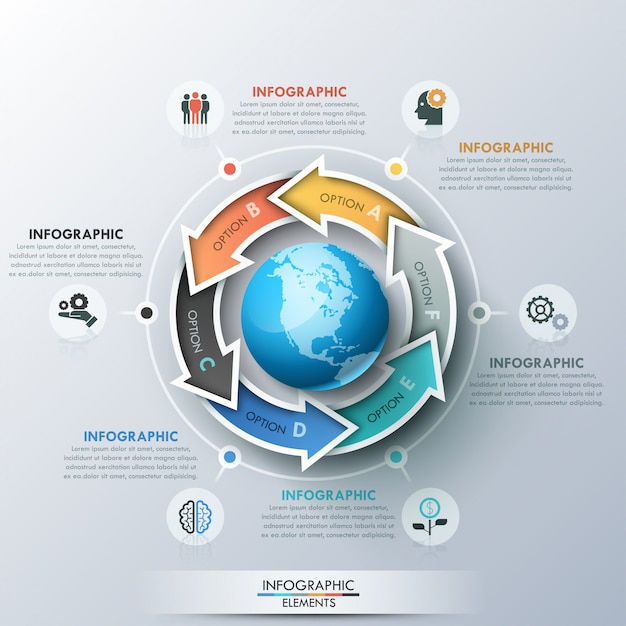 Diseño de diseño infográfico único con 6 flechas con letras colocadas alrededor del planeta tierra, iconos y cuadros de texto