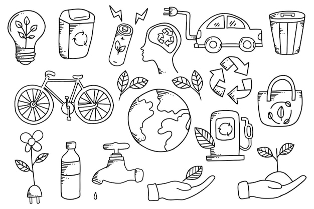 Vector diseño de doodle de ecología de concepto de energía alternativa