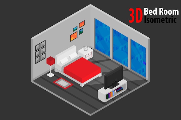 Vector diseño de dormitorio interior con cama y accesorio