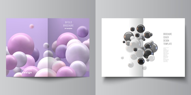 Diseño de dos plantillas de portada a4 para folleto, folleto, revista, diseño de portada y diseño de libro. fondo futurista abstracto con coloridas esferas 3d, burbujas brillantes, bolas.