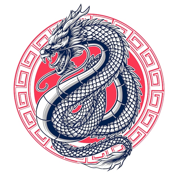 Diseño de dragón japonés con ilustración de vector de ornamento de círculo